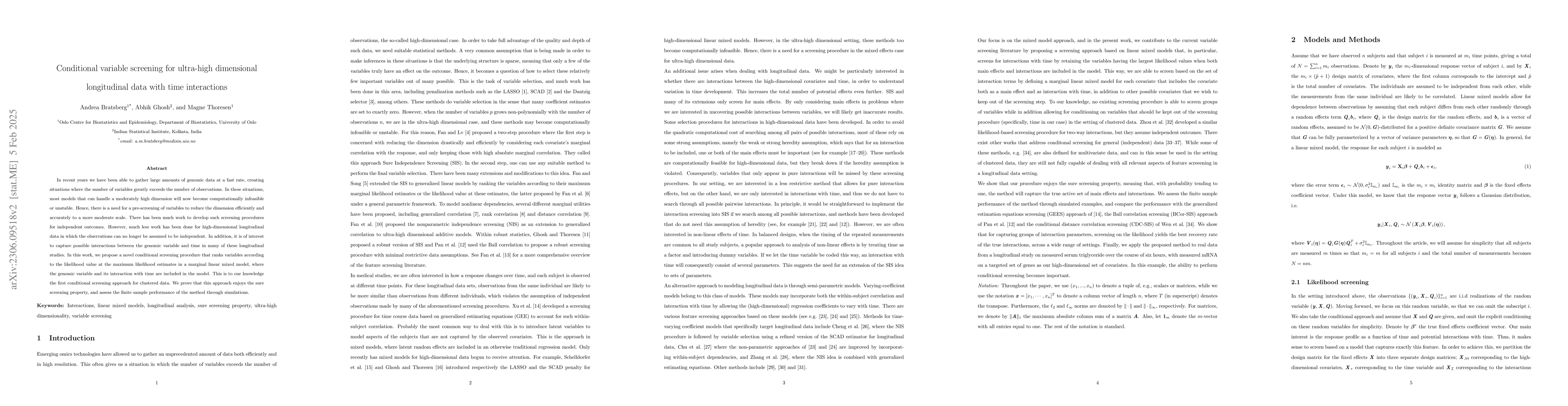 Thumbnail for Conditional variable screening for ultra-high dimensional longitudinal
  data with time interactions