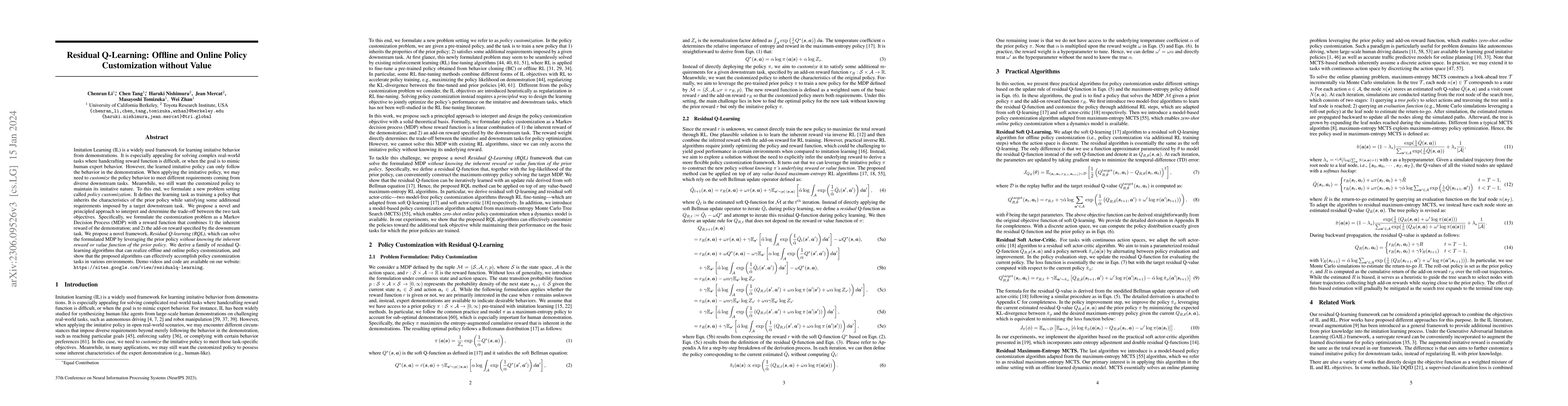 Thumbnail for Residual Q-Learning: Offline and Online Policy Customization without
  Value