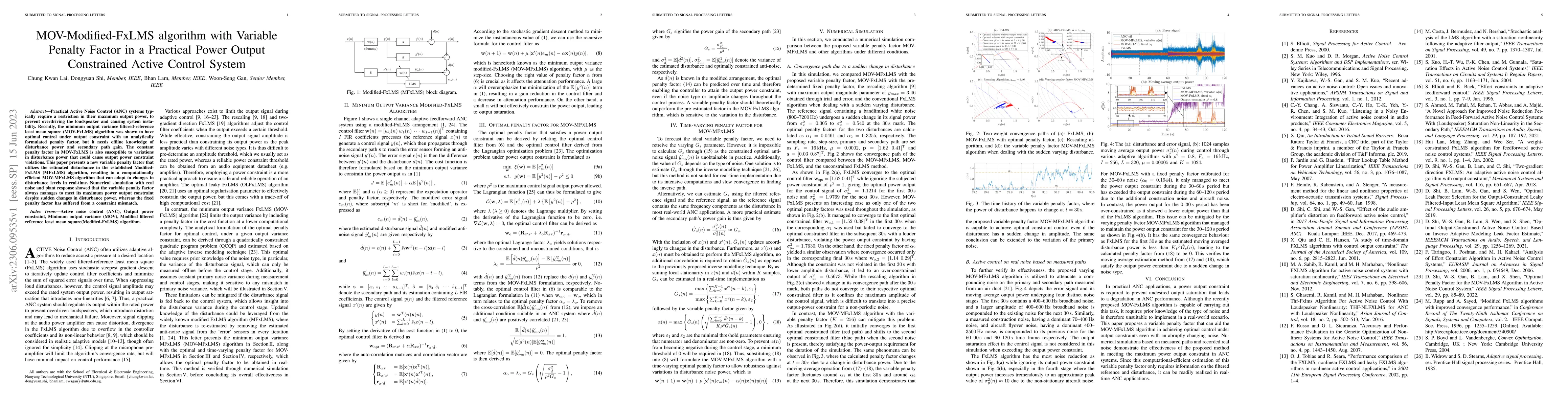 Thumbnail for MOV-Modified-FxLMS algorithm with Variable Penalty Factor in a Practical
  Power Output Constrained Active Control System