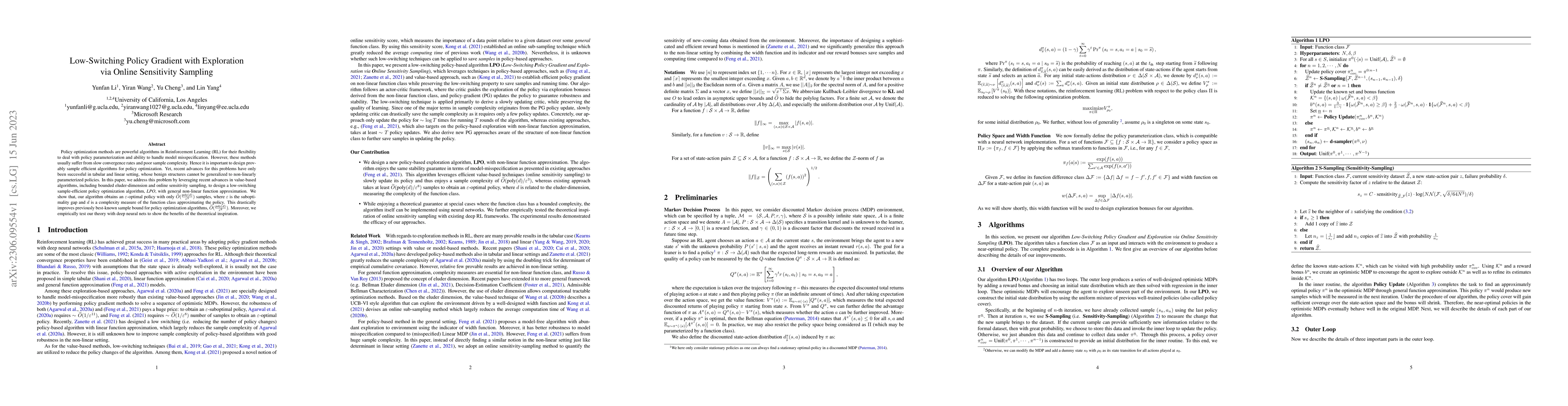 Thumbnail for Low-Switching Policy Gradient with Exploration via Online Sensitivity
  Sampling