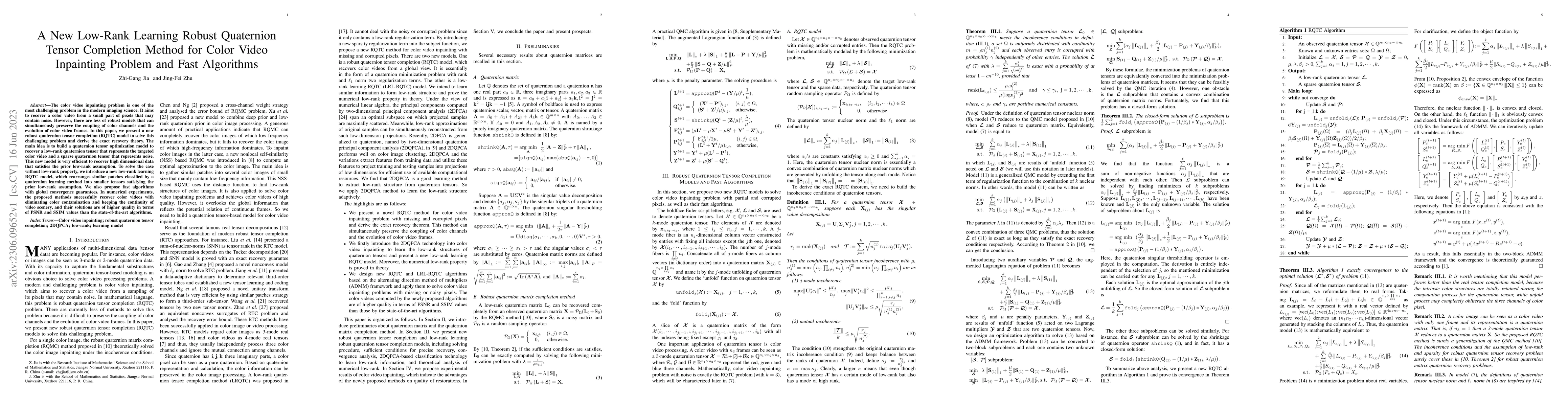 Thumbnail for A New Low-Rank Learning Robust Quaternion Tensor Completion Method for
  Color Video Inpainting Problem and Fast Algorithms