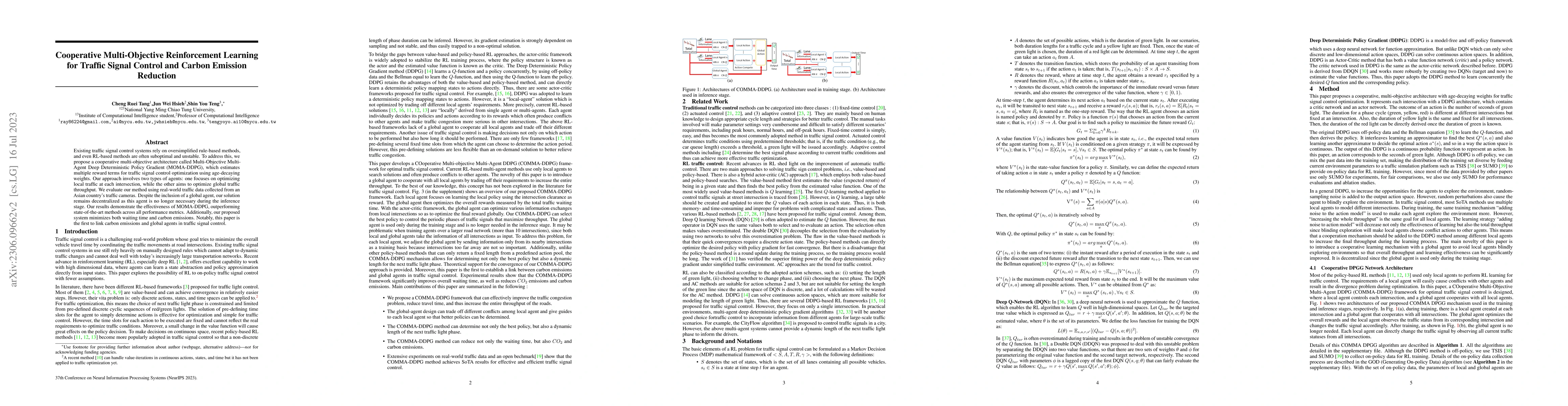 Thumbnail for Cooperative Multi-Objective Reinforcement Learning for Traffic Signal
  Control and Carbon Emission Reduction