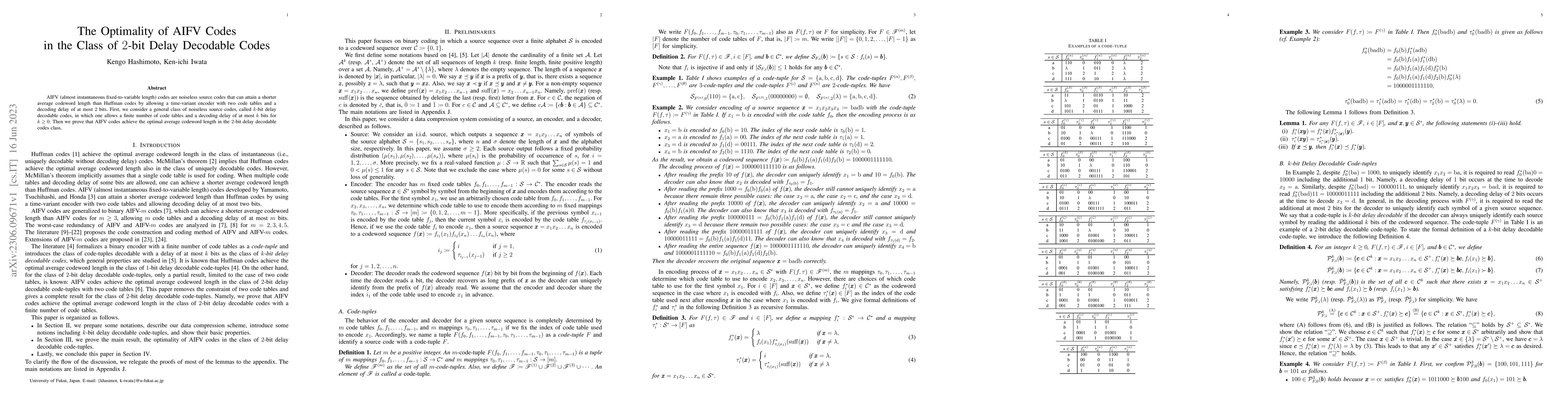 Thumbnail for The Optimality of AIFV Codes in the Class of $2$-bit Delay Decodable
  Codes