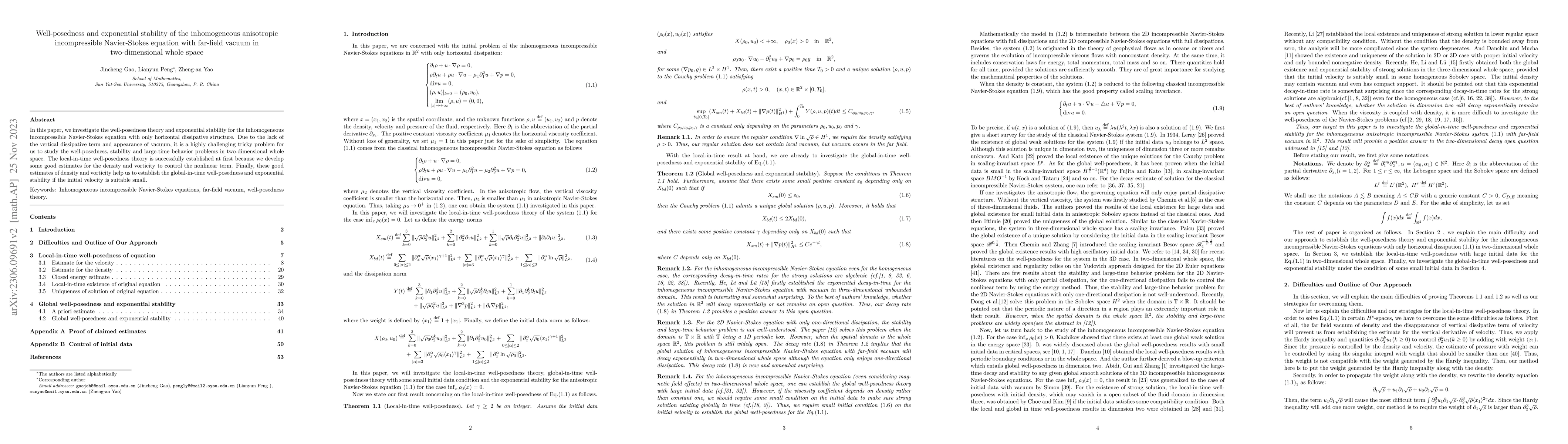 Thumbnail for Well-posedness and exponential stability of the inhomogeneous
  anisotropic incompressible Navier-Stokes equation with far-field vacuum in
  two-dimensional whole space