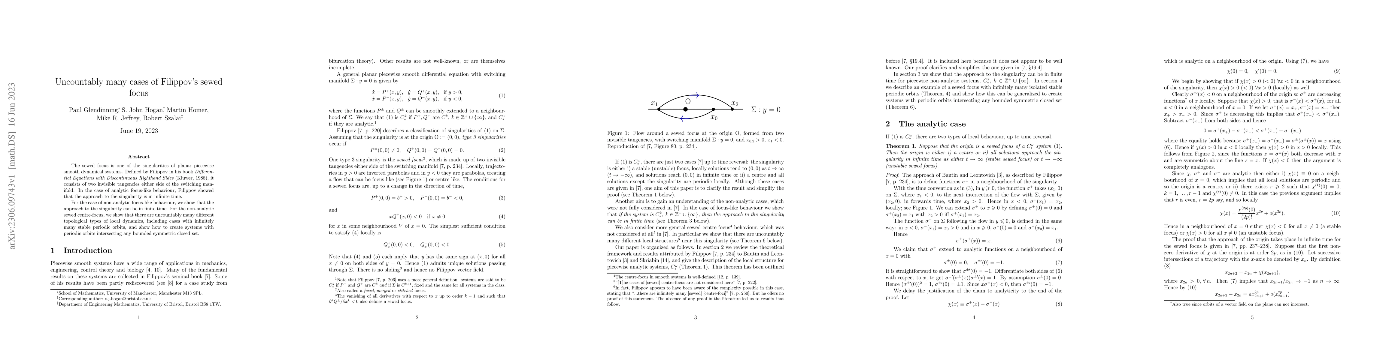 Thumbnail for Uncountably many cases of Filippov's sewed focus