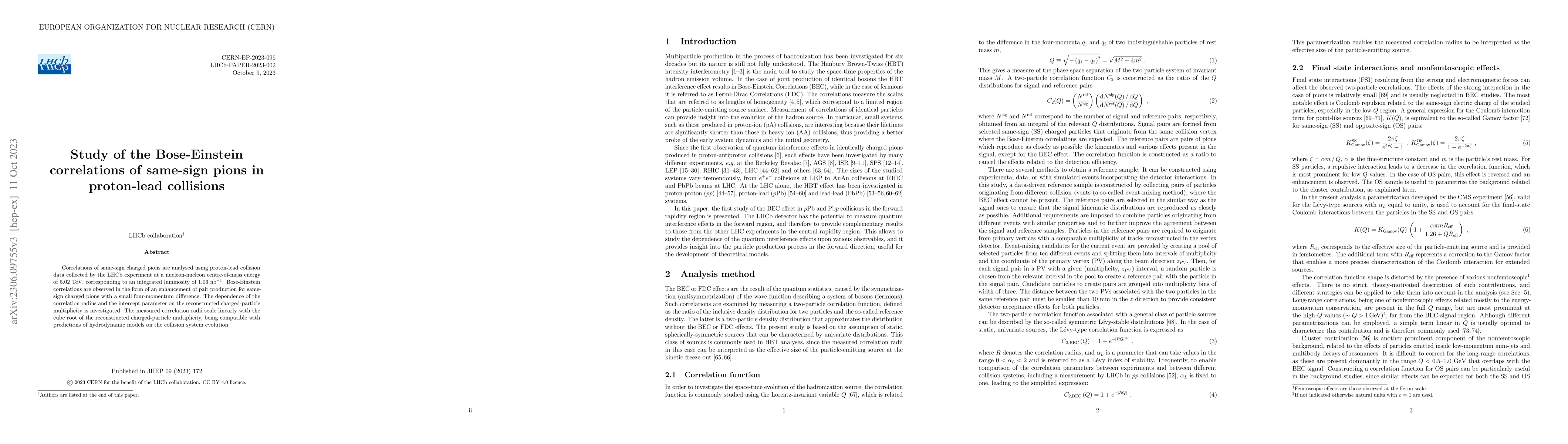 Thumbnail for Study of the Bose-Einstein correlations of same-sign pions in
  proton-lead collisions