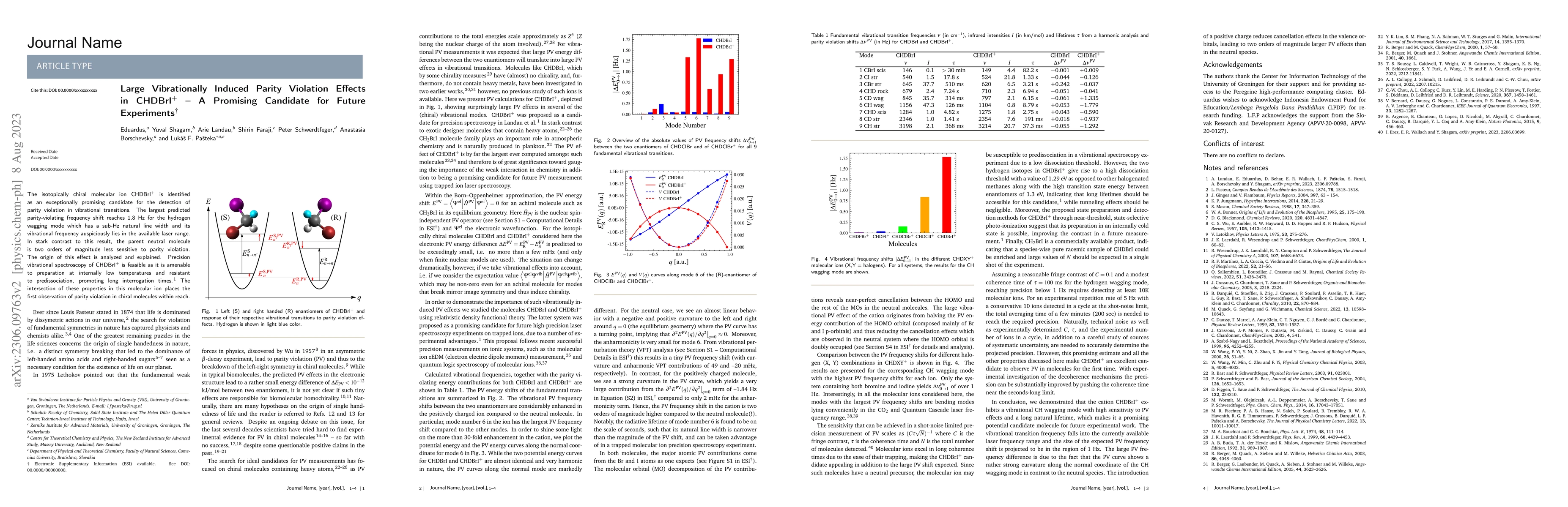Thumbnail for Large Vibrationally Induced Parity Violation Effects in CHDBrI$^+$ $-$ A
  Promising Candidate for Future Experiments