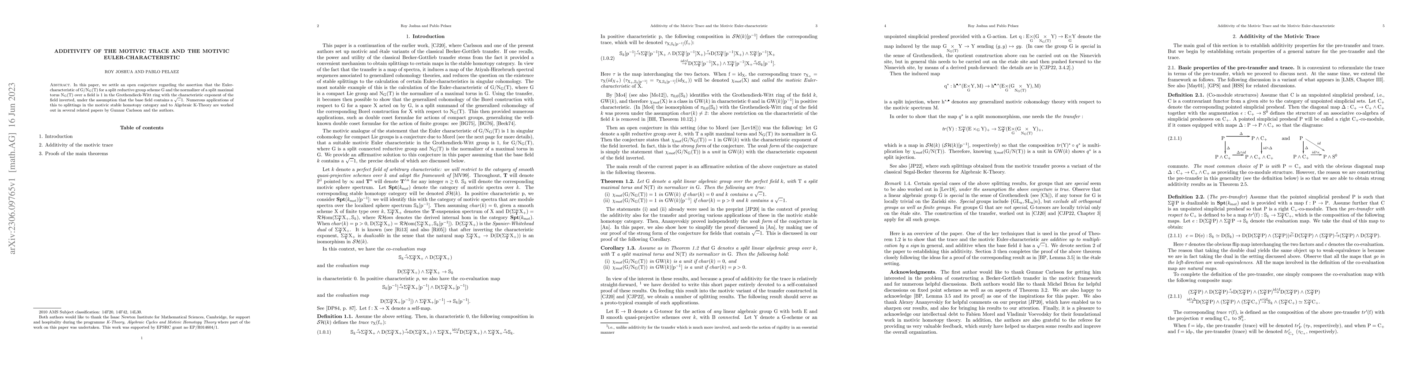 Thumbnail for Additivity for the Motivic Trace and the Motivic Euler Characteristic