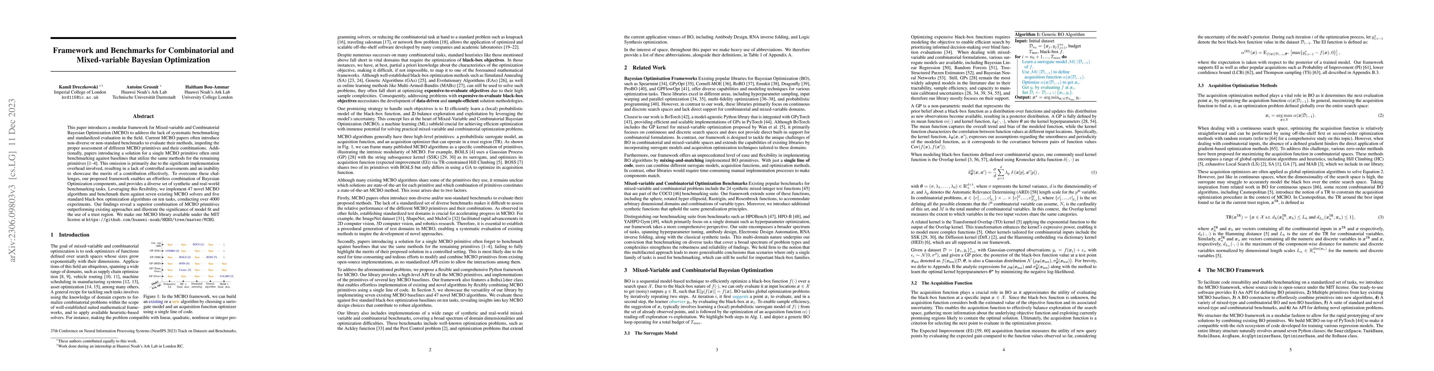 Thumbnail for Framework and Benchmarks for Combinatorial and Mixed-variable Bayesian
  Optimization