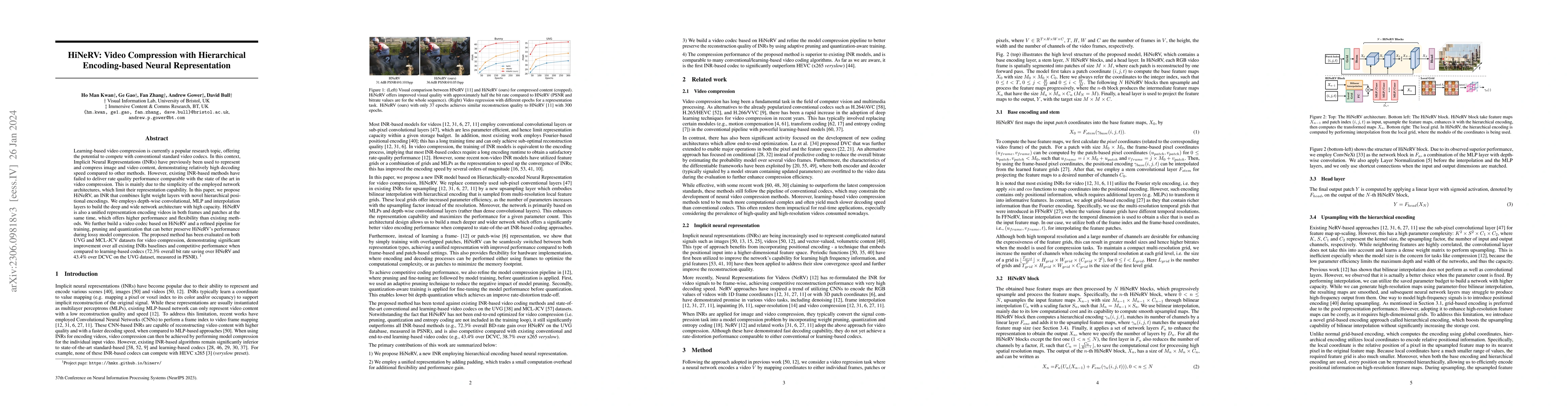 Thumbnail for HiNeRV: Video Compression with Hierarchical Encoding-based Neural
  Representation