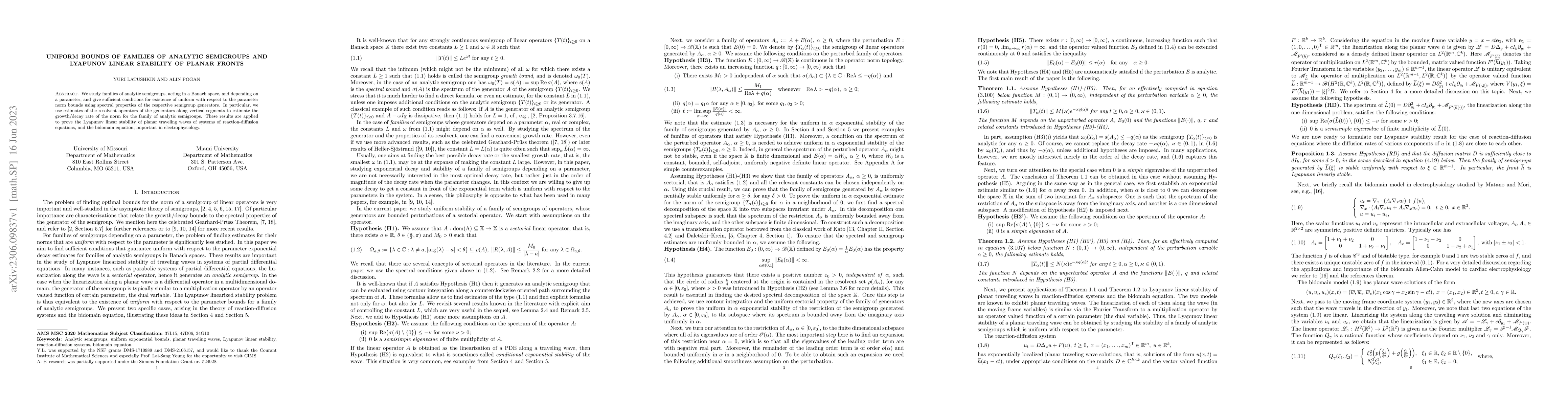 Thumbnail for Uniform bounds of families of analytic semigroups and Lyapunov linear
  stability of planar fronts