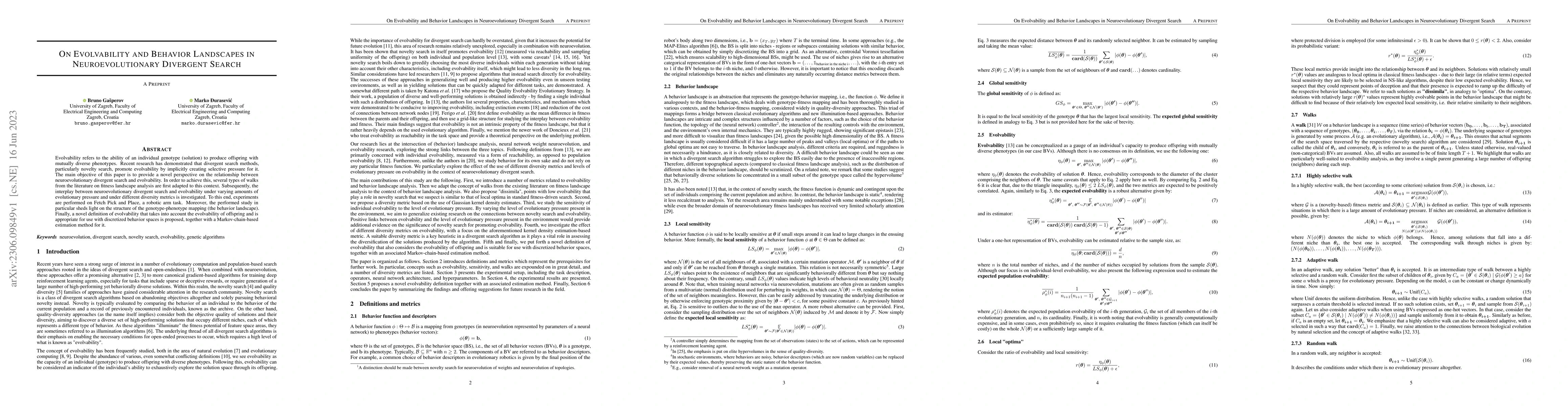 Thumbnail for On Evolvability and Behavior Landscapes in Neuroevolutionary Divergent
  Search