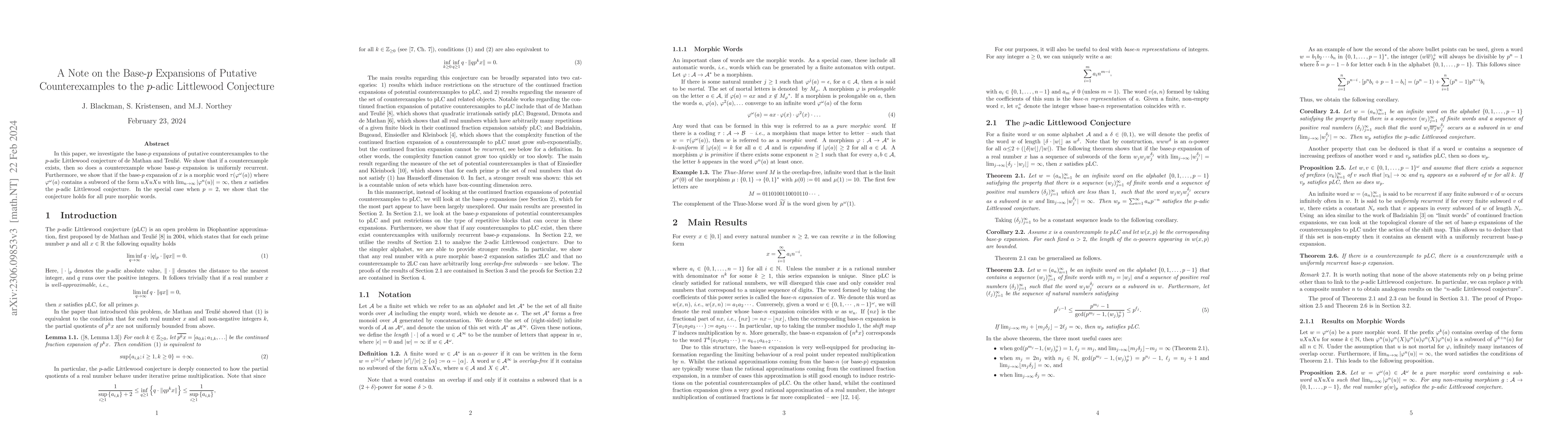 Thumbnail for A Note on the Base-$p$ Expansions of Putative Counterexamples to the
  $p$-adic Littlewood Conjecture