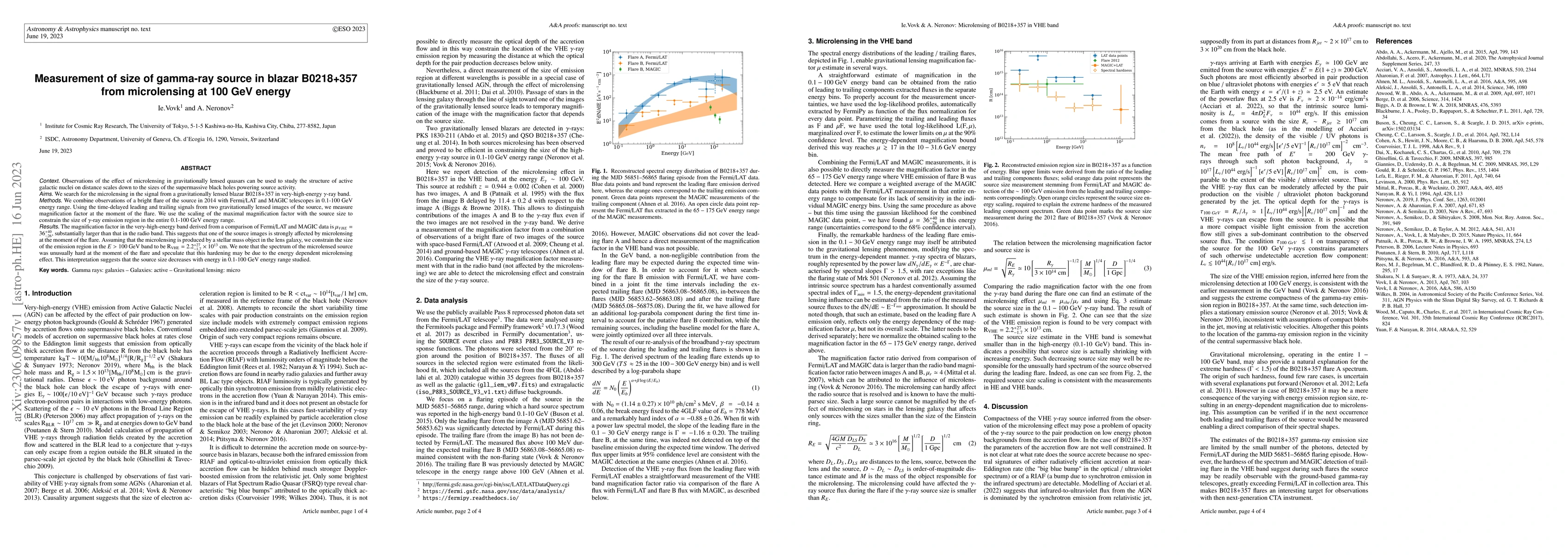 Thumbnail for Measurement of size of gamma-ray source in blazar B0218+357 from
  microlensing at 100 GeV energy