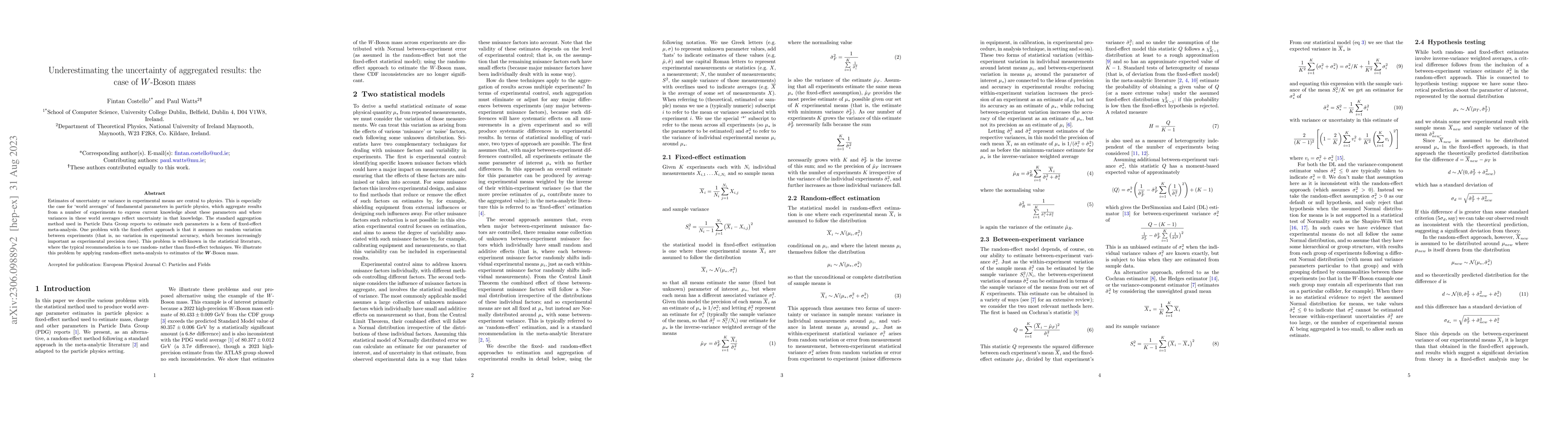 Thumbnail for Underestimating the uncertainty of aggregated results: the case of
  W-Boson mass