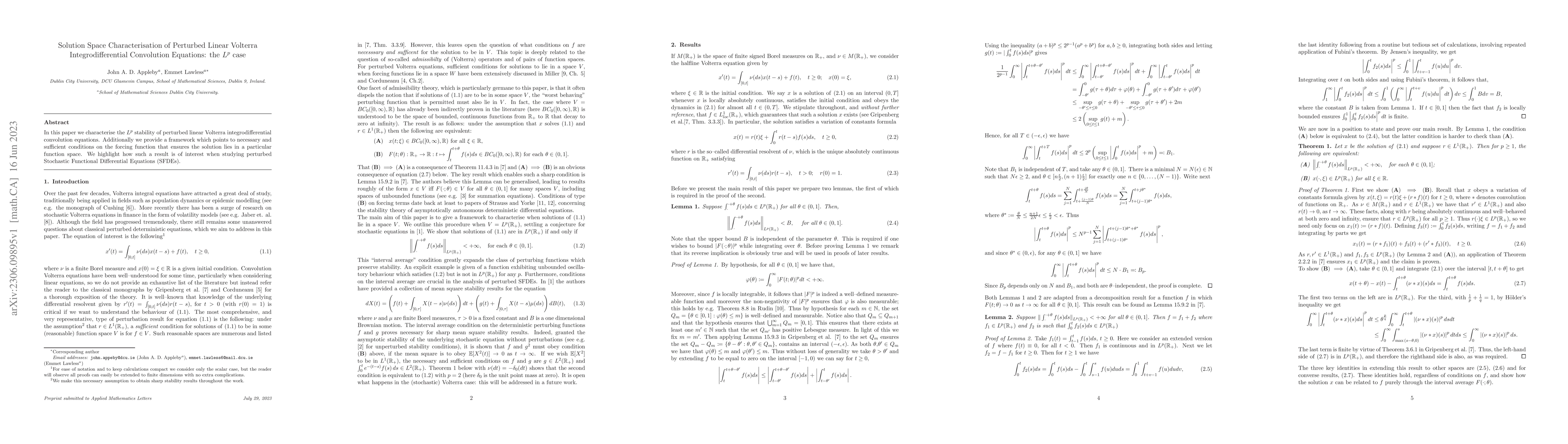 Thumbnail for Solution Space Characterisation of Perturbed Linear Volterra
  Integrodifferential Convolution Equations: the Lp case