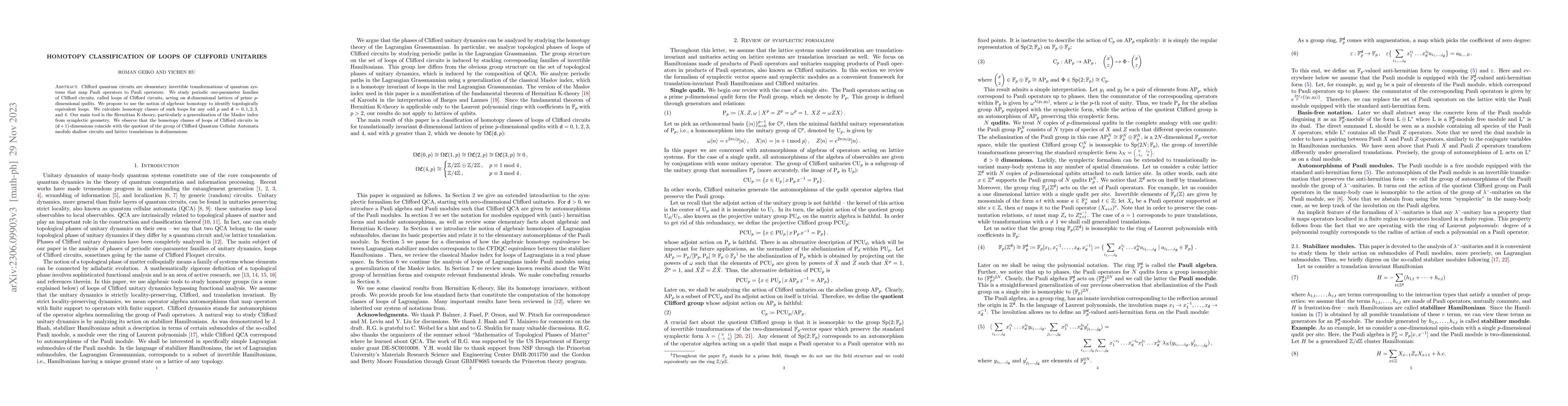 Thumbnail for Homotopy Classification of loops of Clifford unitaries