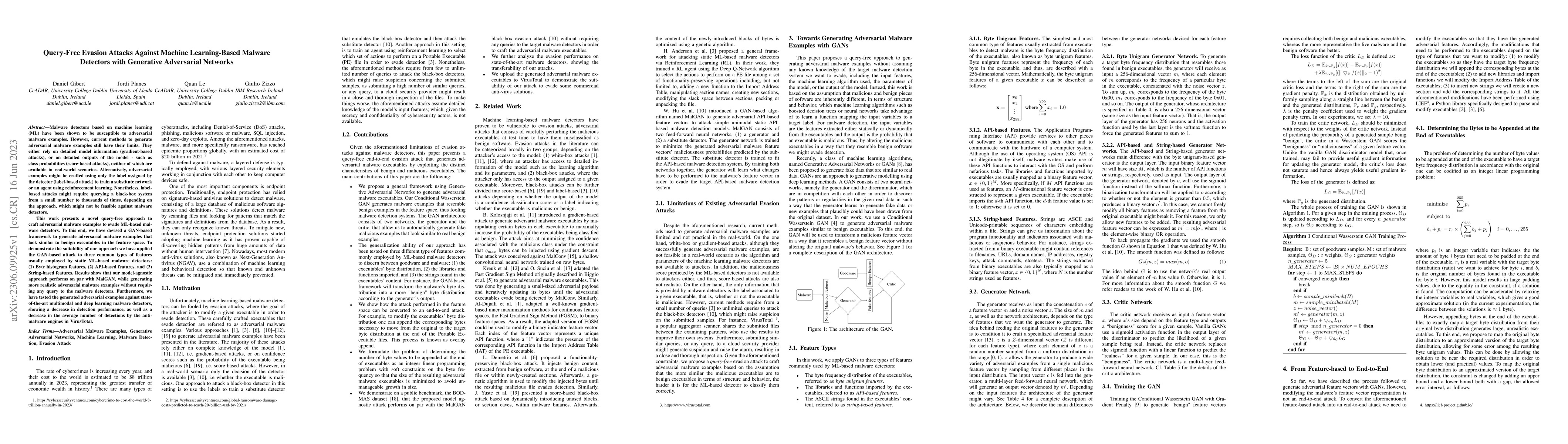 Thumbnail for Query-Free Evasion Attacks Against Machine Learning-Based Malware
  Detectors with Generative Adversarial Networks
