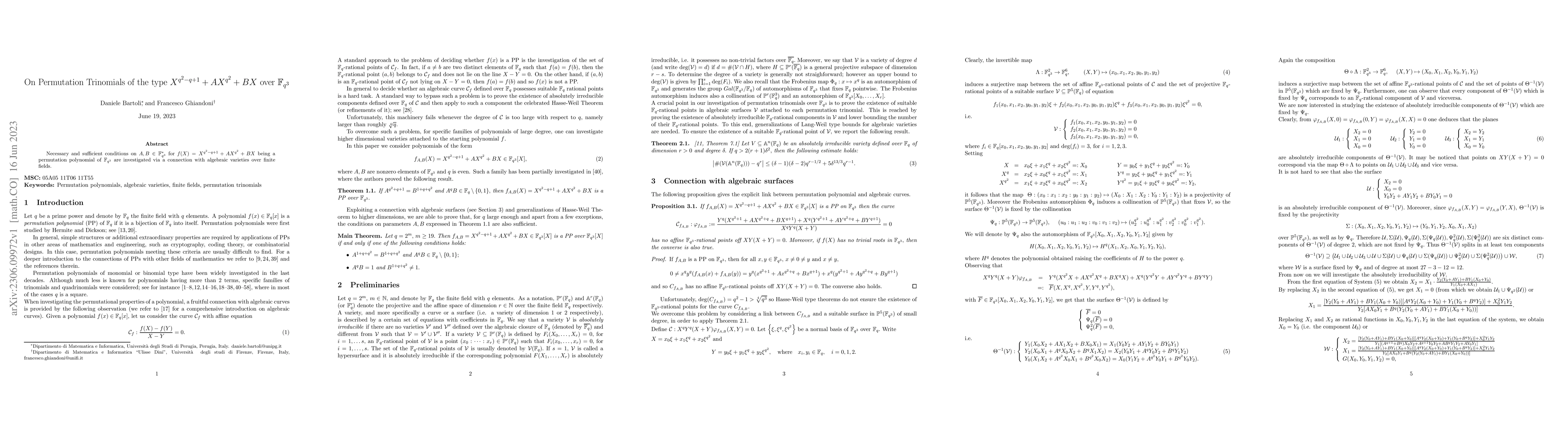 Thumbnail for On Permutation Trinomials of the type $X^{q^2-q+1}+AX^{q^2}+BX$ over
  $\mathbb{F}_{q^3}$