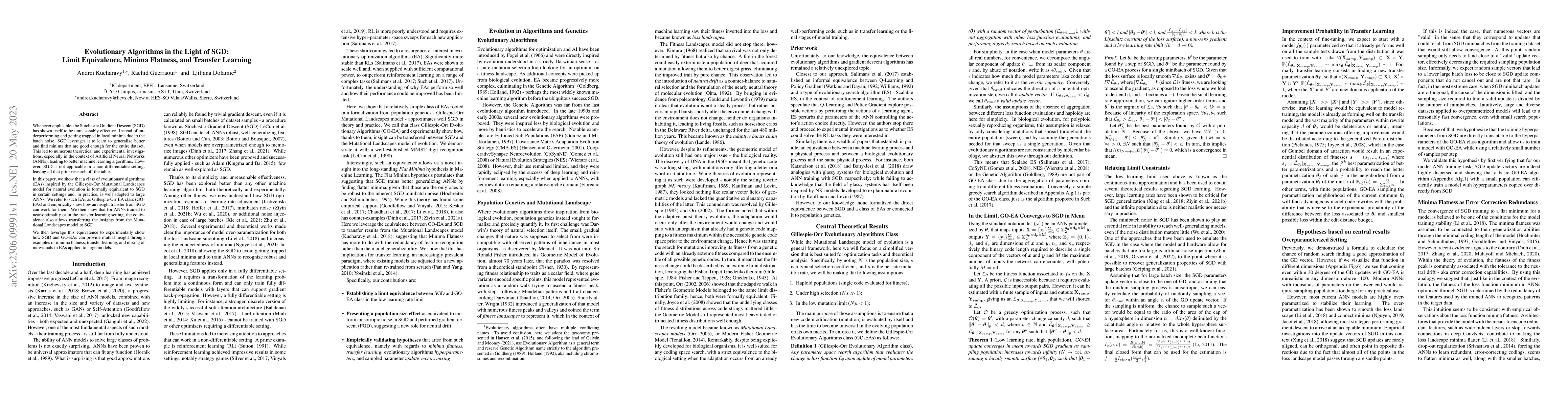 Thumbnail for Evolutionary Algorithms in the Light of SGD: Limit Equivalence, Minima
  Flatness, and Transfer Learning