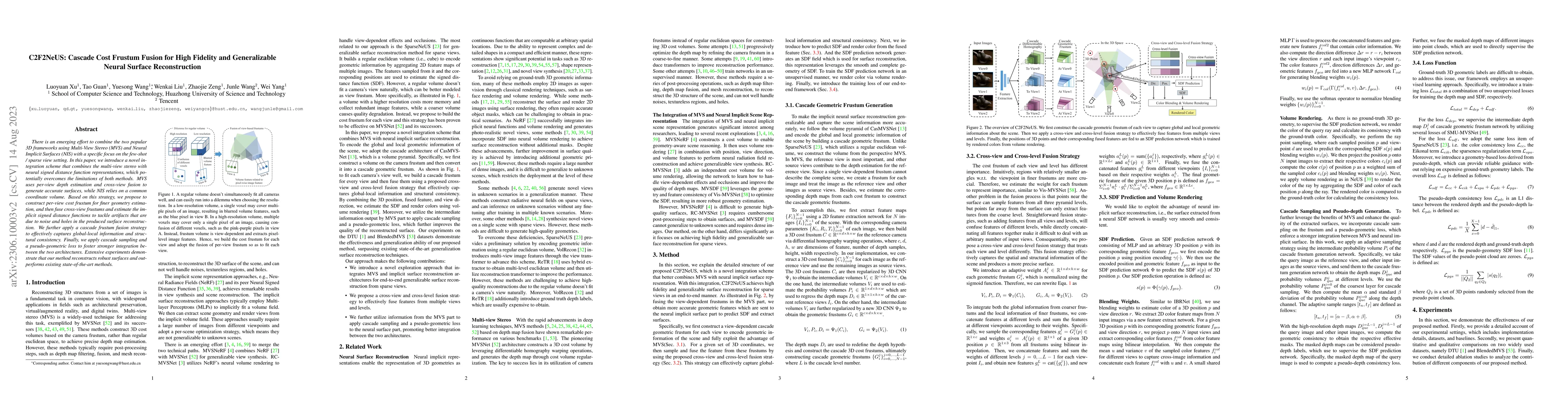 Thumbnail for C2F2NeUS: Cascade Cost Frustum Fusion for High Fidelity and
  Generalizable Neural Surface Reconstruction