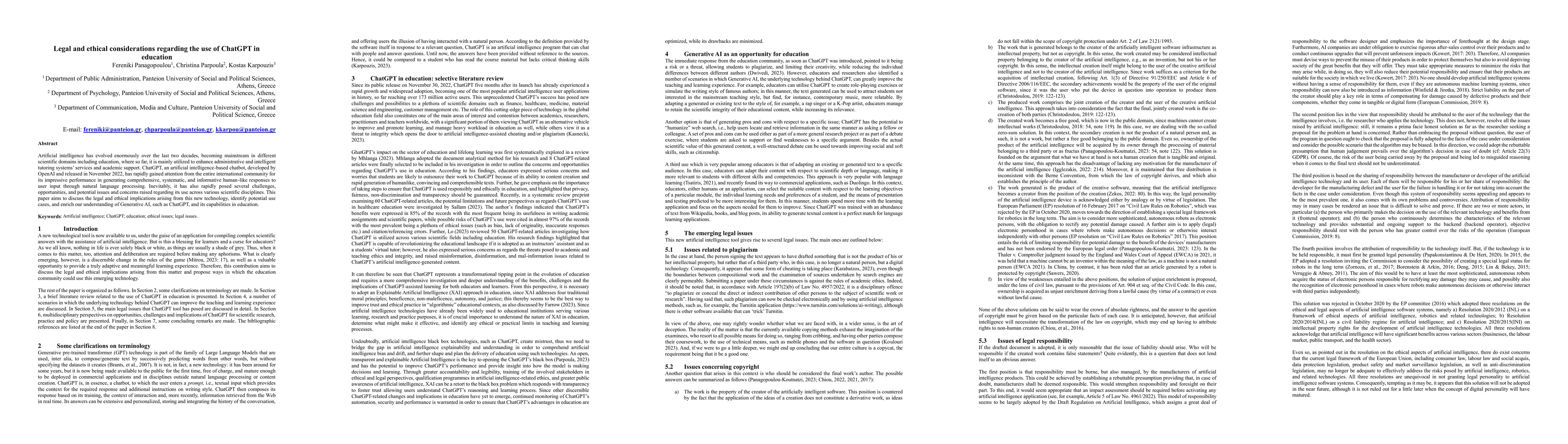 Thumbnail for Legal and ethical considerations regarding the use of ChatGPT in
  education