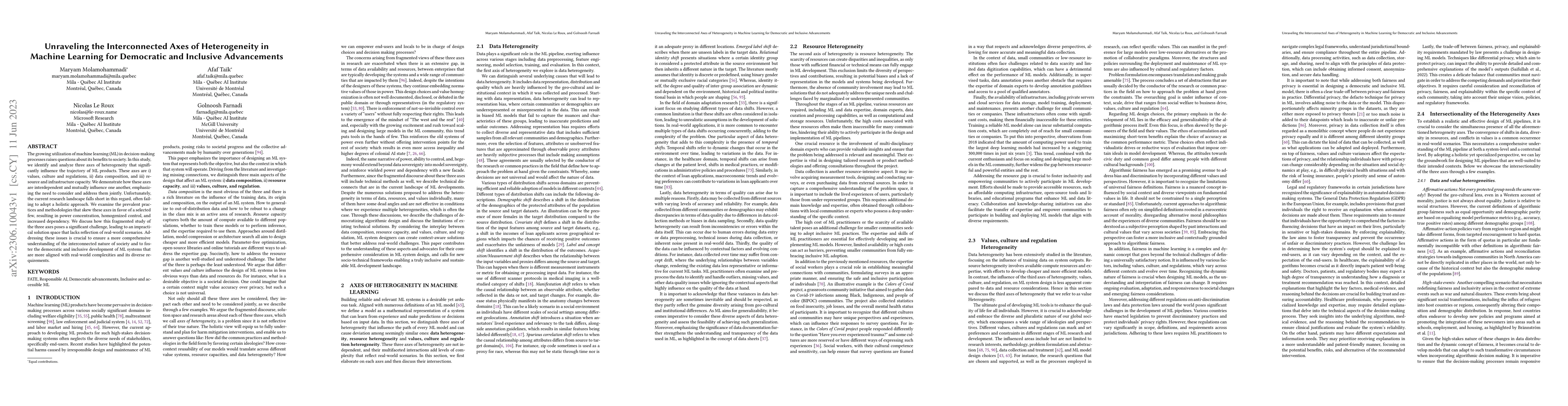 Thumbnail for Unraveling the Interconnected Axes of Heterogeneity in Machine Learning
  for Democratic and Inclusive Advancements