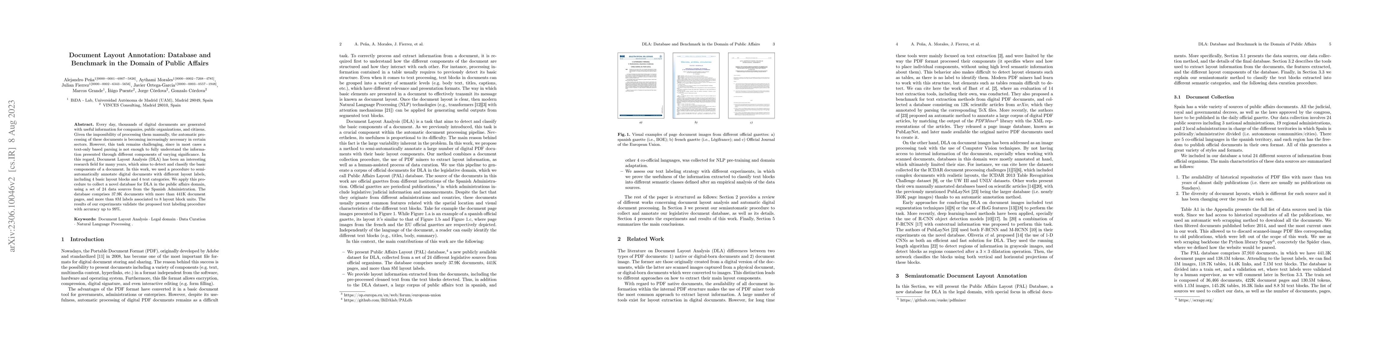 Thumbnail for Document Layout Annotation: Database and Benchmark in the Domain of
  Public Affairs