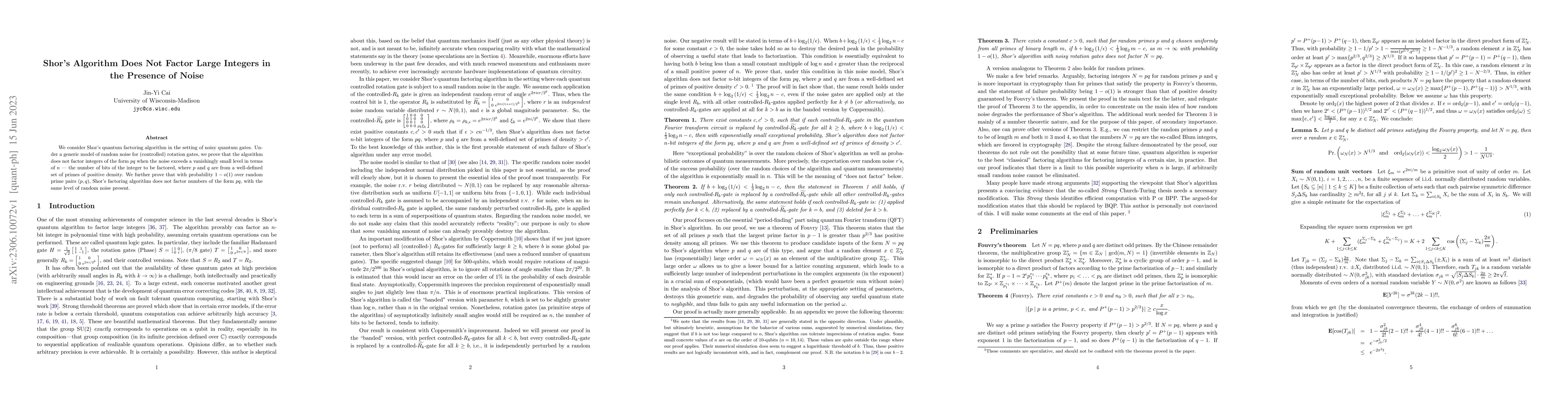 Thumbnail for Shor's Algorithm Does Not Factor Large Integers in the Presence of Noise
