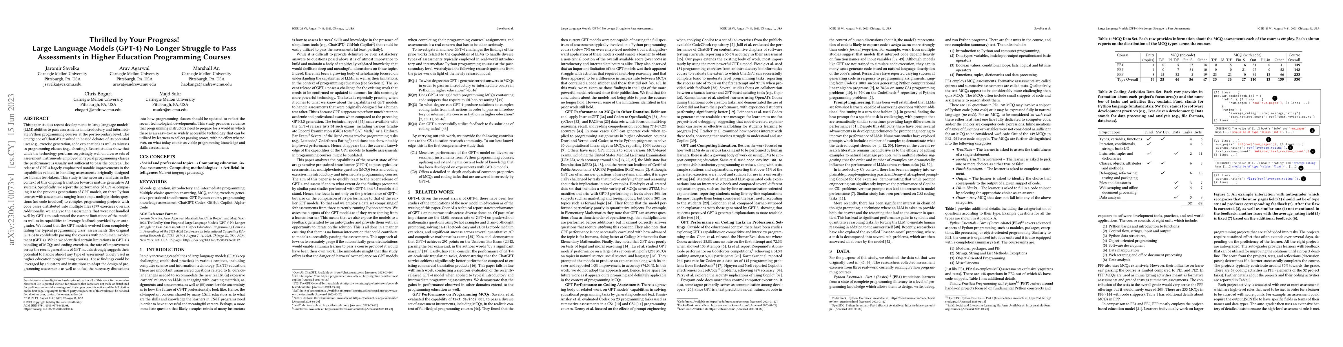 Thumbnail for Thrilled by Your Progress! Large Language Models (GPT-4) No Longer
  Struggle to Pass Assessments in Higher Education Programming Courses