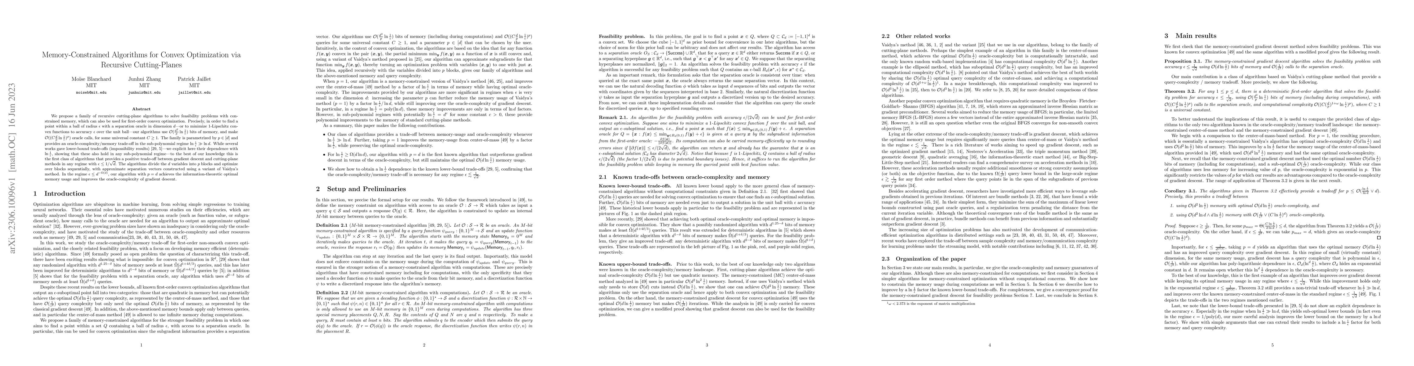 Thumbnail for Memory-Constrained Algorithms for Convex Optimization via Recursive
  Cutting-Planes