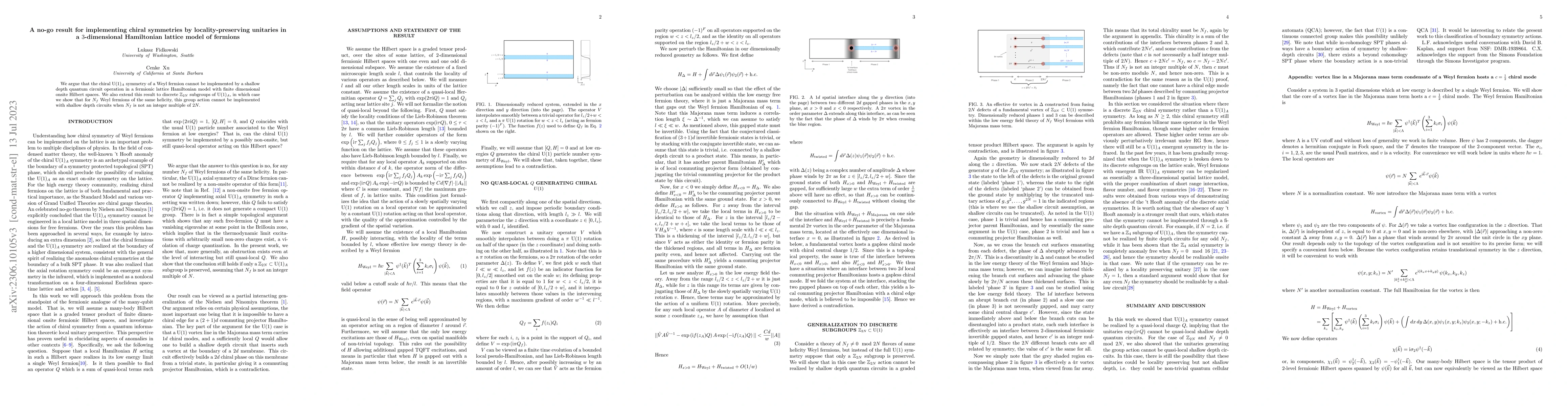 Thumbnail for A no-go result for implementing chiral symmetries by locality-preserving
  unitaries in a 3 dimensional Hamiltonian lattice model of fermions