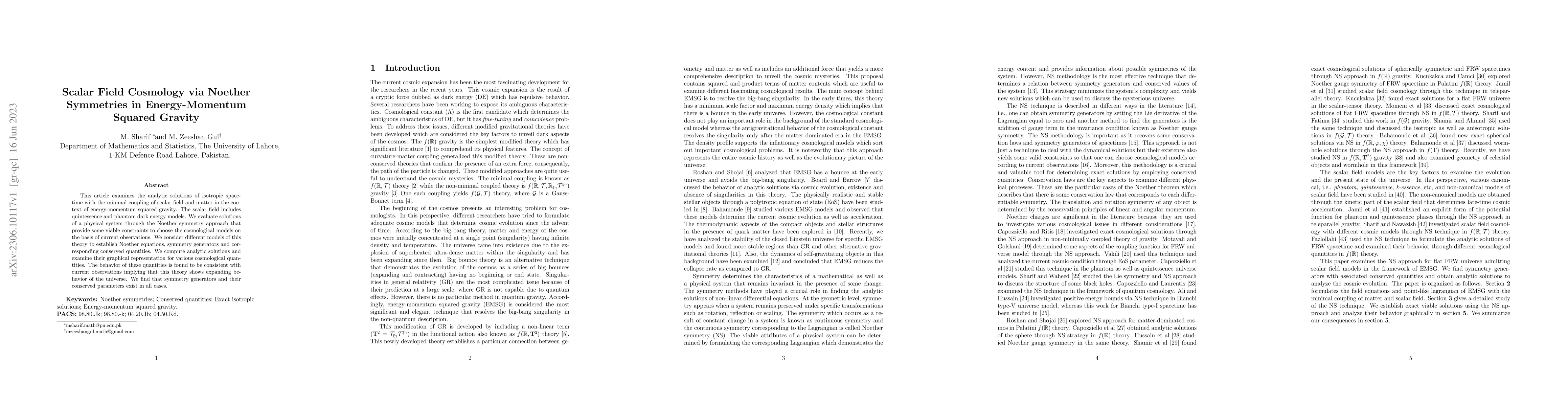 Thumbnail for Scalar Field Cosmology via Noether Symmetries in Energy-Momentum Squared
  Gravity