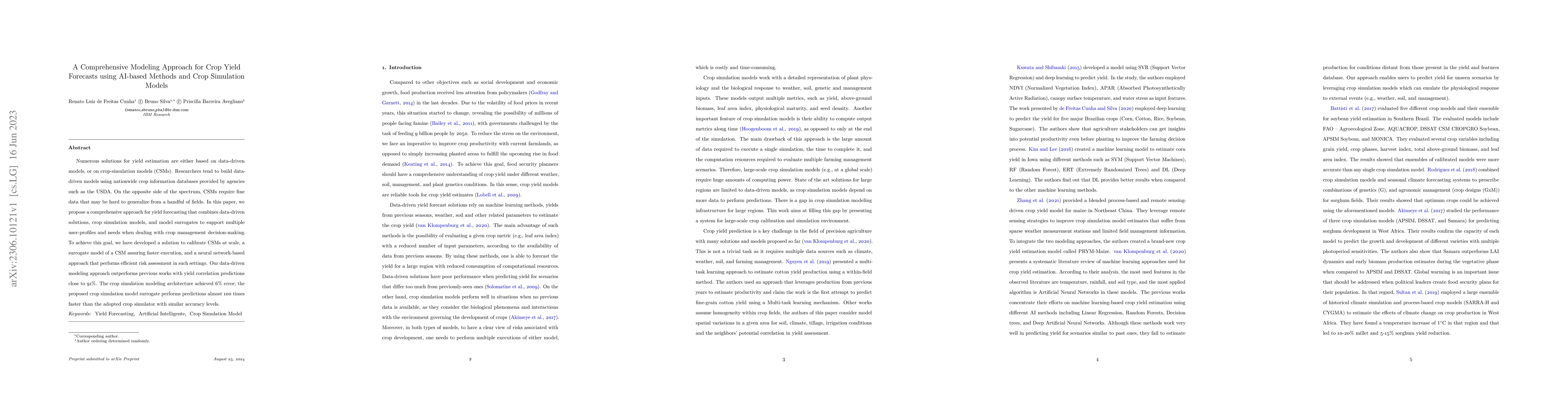 Thumbnail for A Comprehensive Modeling Approach for Crop Yield Forecasts using
  AI-based Methods and Crop Simulation Models