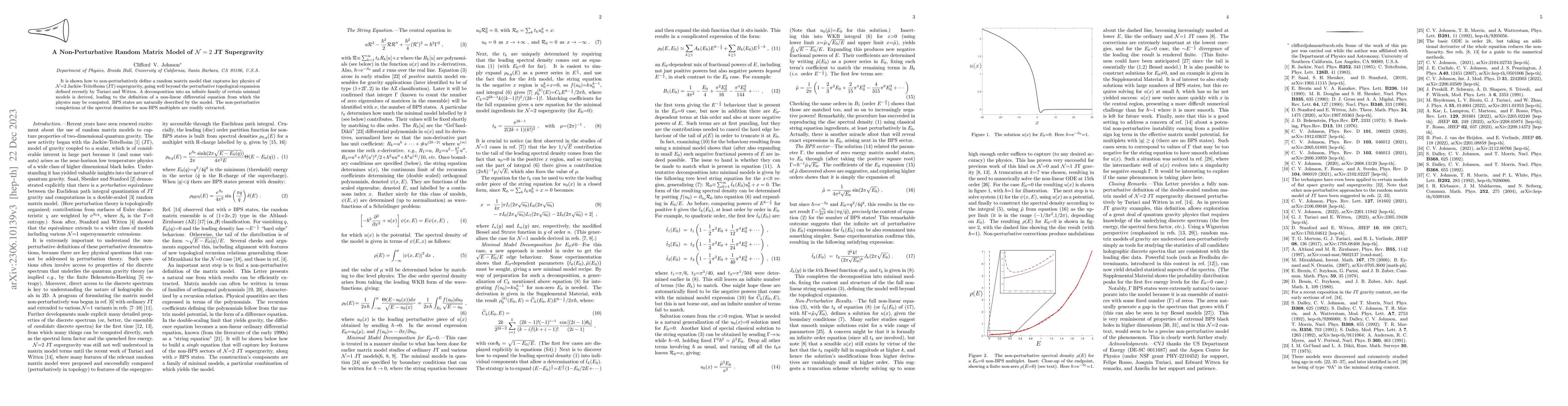 Thumbnail for A Non-Perturbative Random Matrix Model of ${\cal N}=2$ JT Supergravity