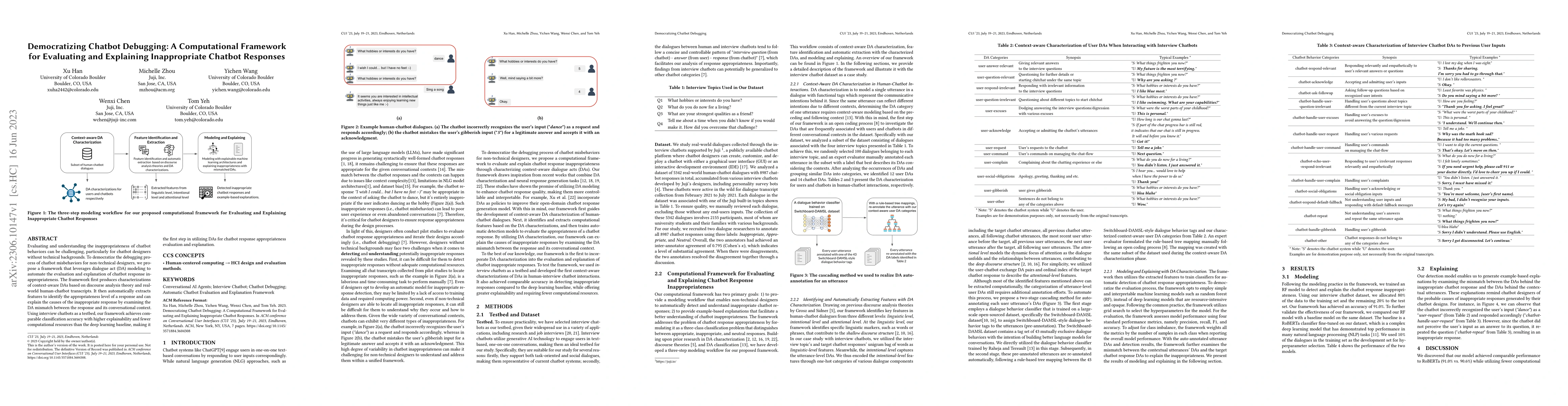 Thumbnail for Democratizing Chatbot Debugging: A Computational Framework for
  Evaluating and Explaining Inappropriate Chatbot Responses