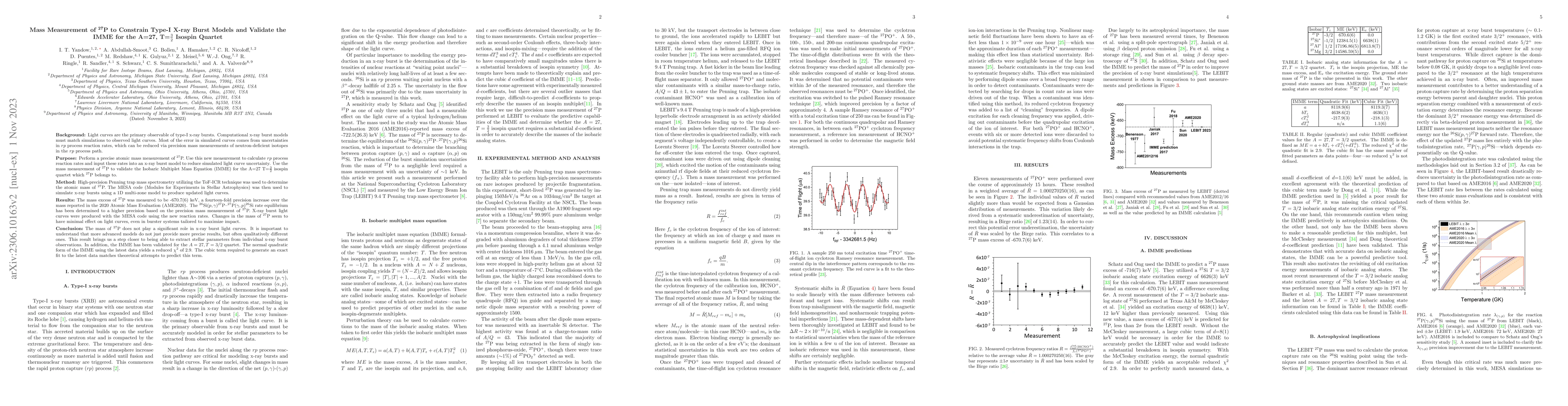 Thumbnail for Mass Measurement of $^{27}$P to Constrain Type-I X-ray Burst Models and
  Validate the IMME for the A=27, T=$\frac{3}{2}$ Isospin Quartet