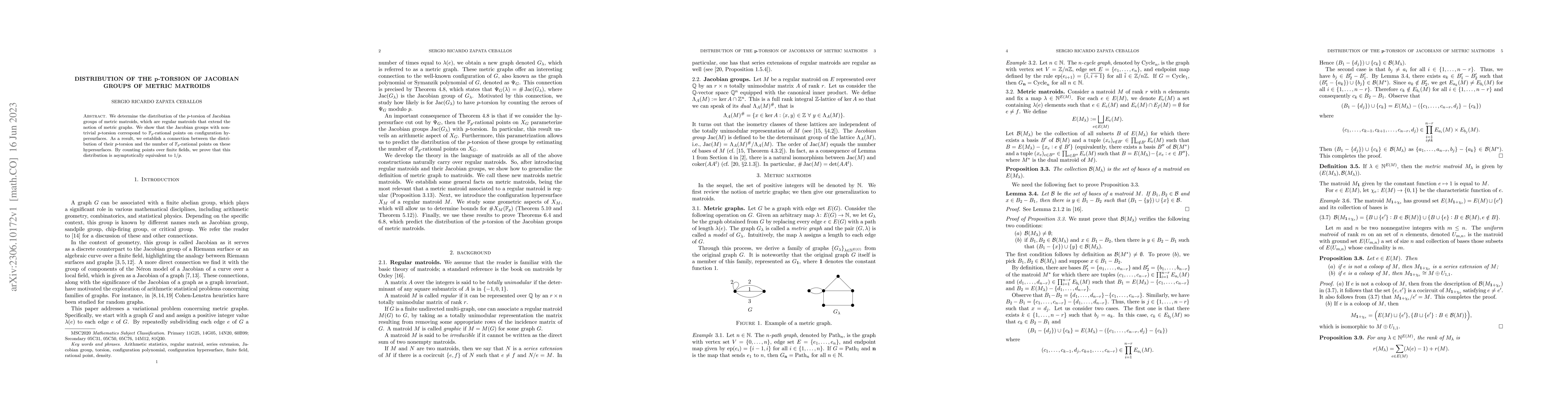 Thumbnail for Distribution of the $\mathbf{p}$-Torsion of Jacobian Groups of Metric
  Matroids