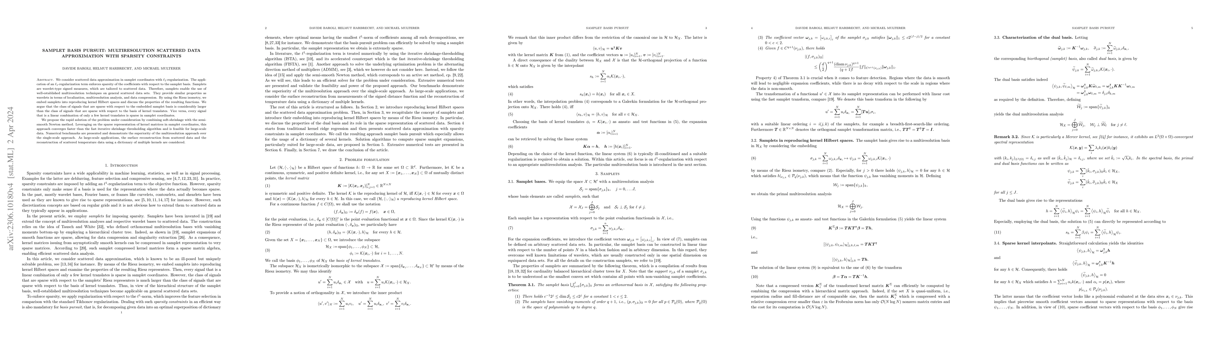 Thumbnail for Samplet basis pursuit: Multiresolution scattered data approximation with
  sparsity constraints