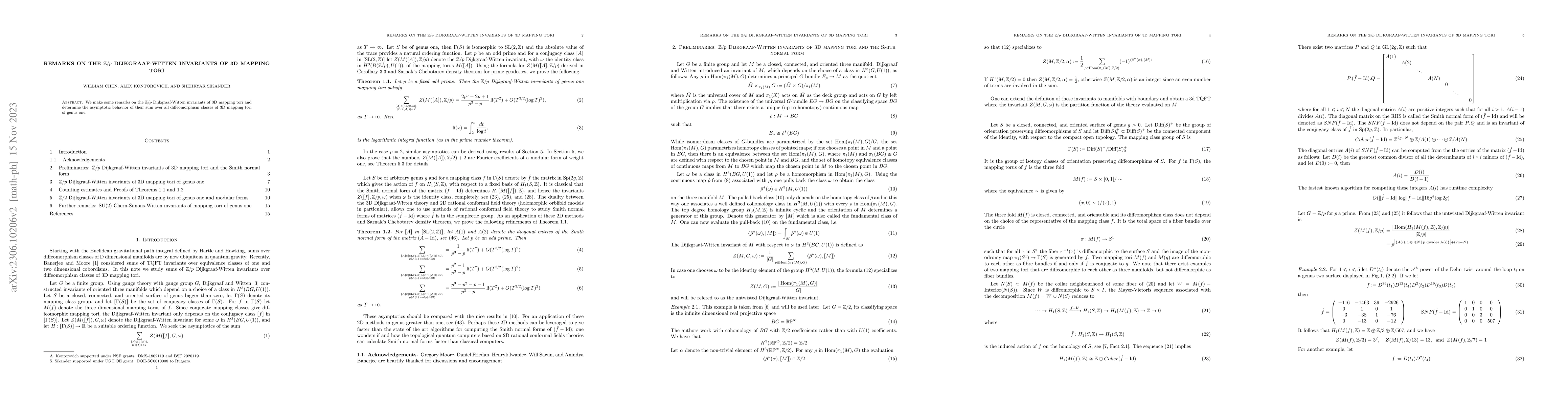 Thumbnail for Remarks on the $\mathbb{Z}/p$ Dijkgraaf-Witten invariants of 3D mapping
  tori