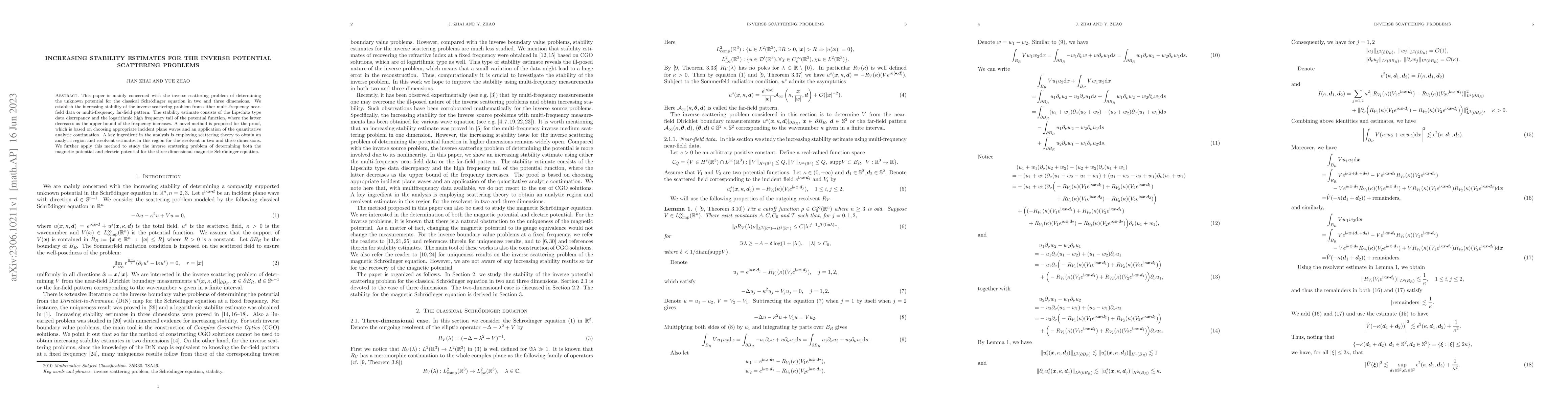 Thumbnail for Increasing stability estimates for the inverse potential scattering
  problems