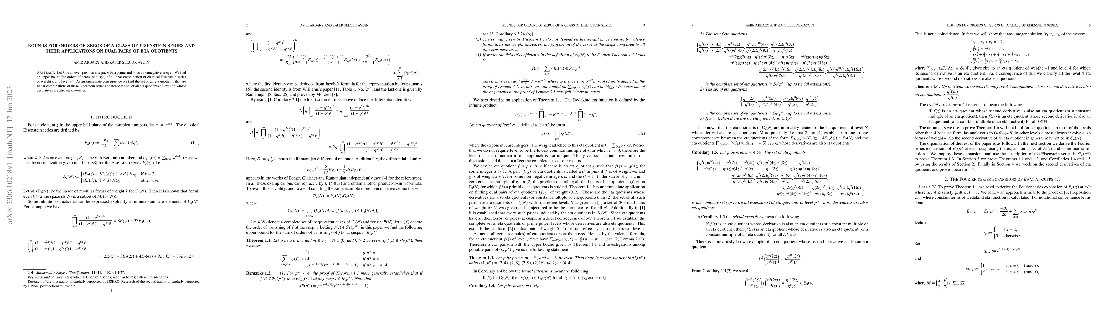Thumbnail for Bounds for orders of zeros of a class of Eisenstein series and their
  applications on dual pairs of eta quotients