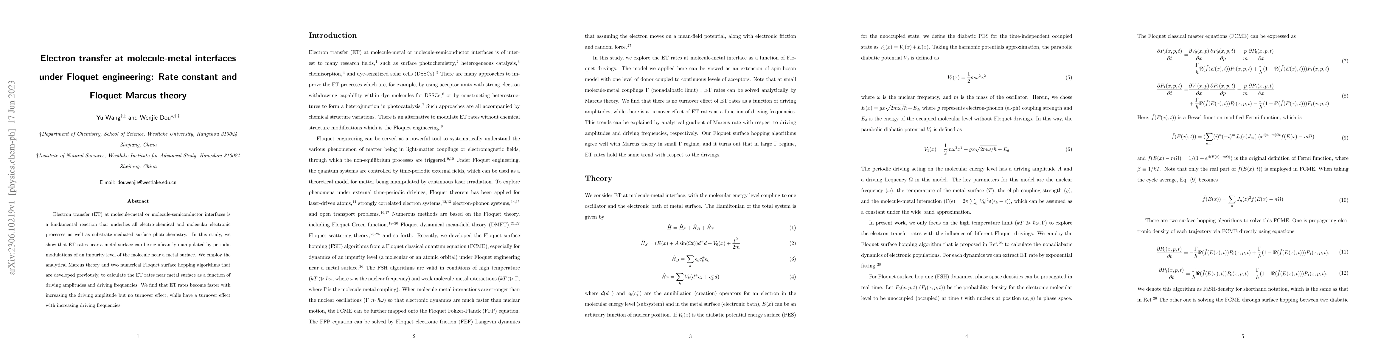 Thumbnail for Electron transfer at molecule-metal interfaces under Floquet
  engineering: Rate constant and Floquet Marcus theory