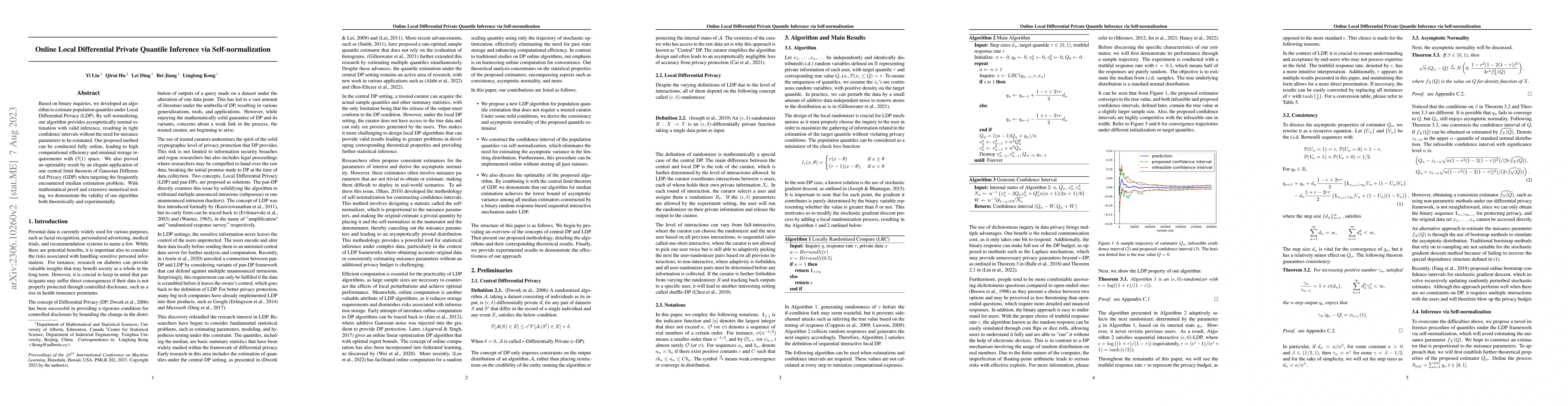 Thumbnail for Online Local Differential Private Quantile Inference via
  Self-normalization