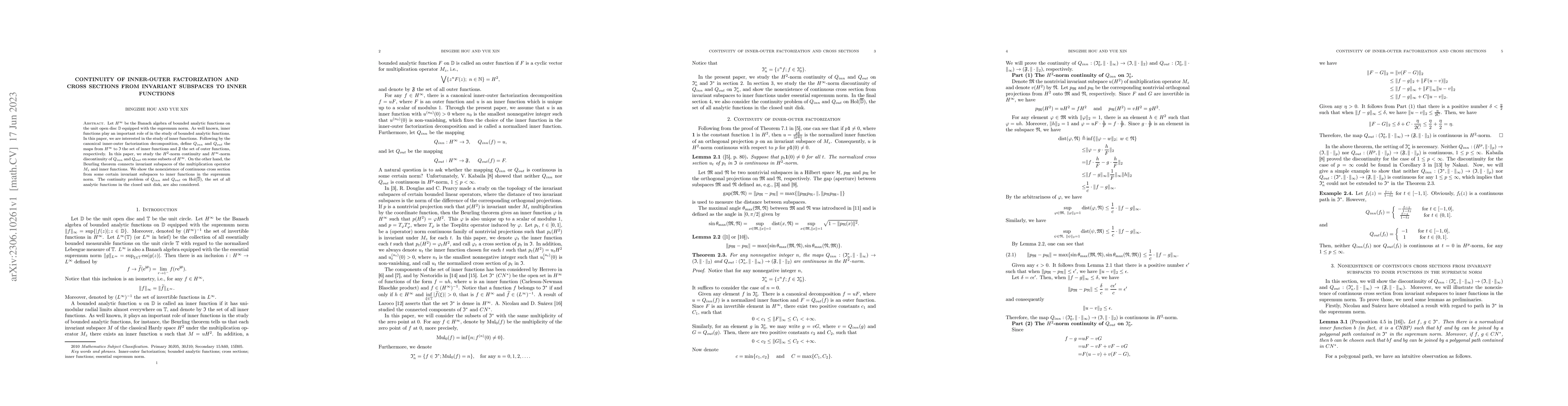 Thumbnail for Continuity of inner-outer factorization and cross sections from
  invariant subspaces to inner functions