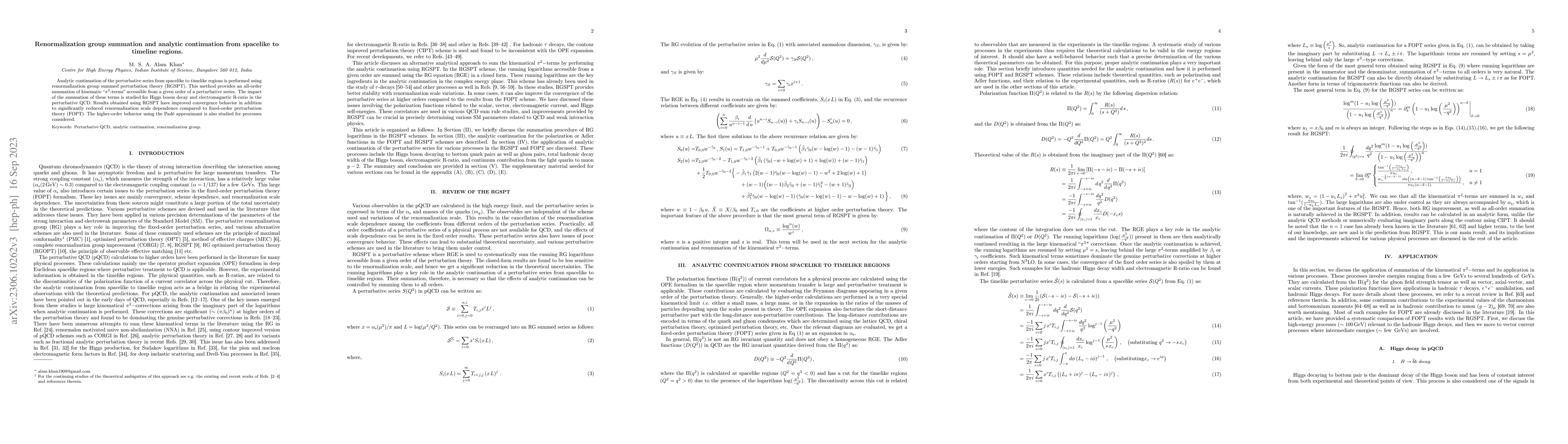 Thumbnail for Renormalization group summation and analytic continuation from spacelike
  to timeline regions
