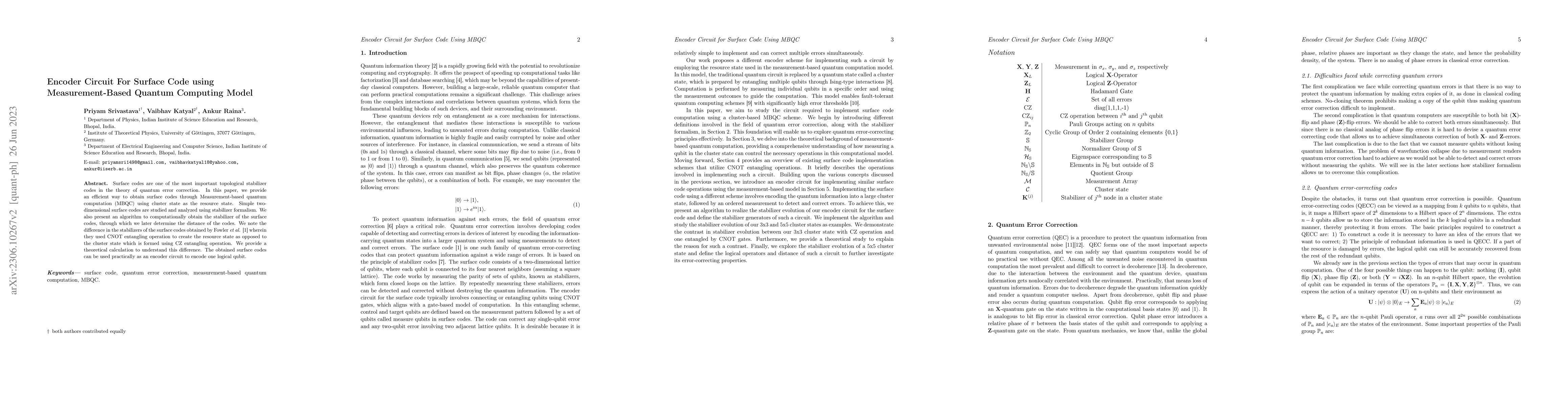 Thumbnail for Encoder Circuit For Surface Code using Measurement-Based Quantum
  Computing Model