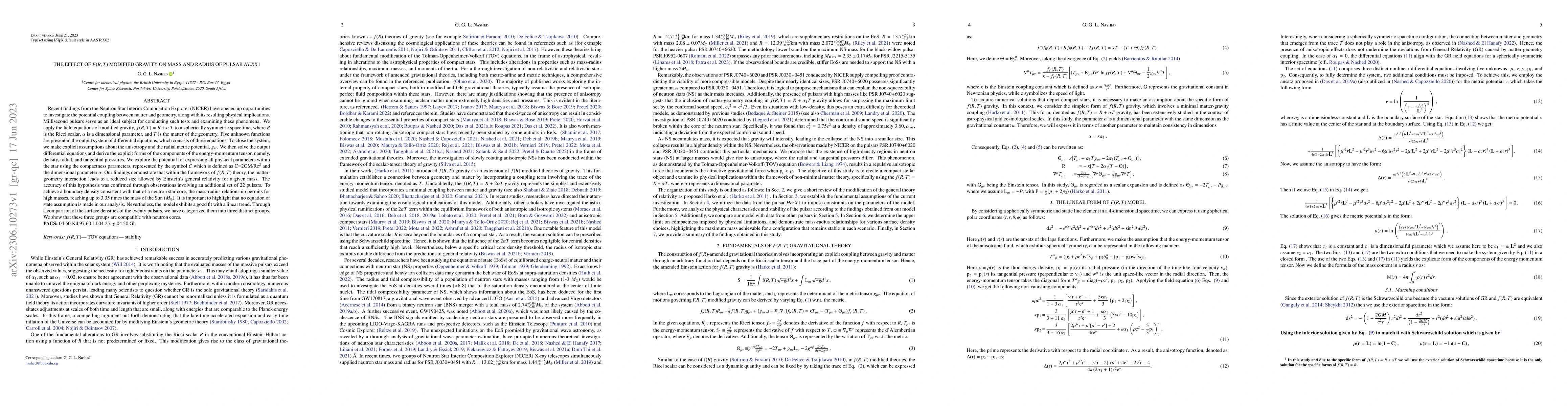 Thumbnail for The effect of $f(R,T)$ modified gravity on mass and radius of pulsar
  HerX1