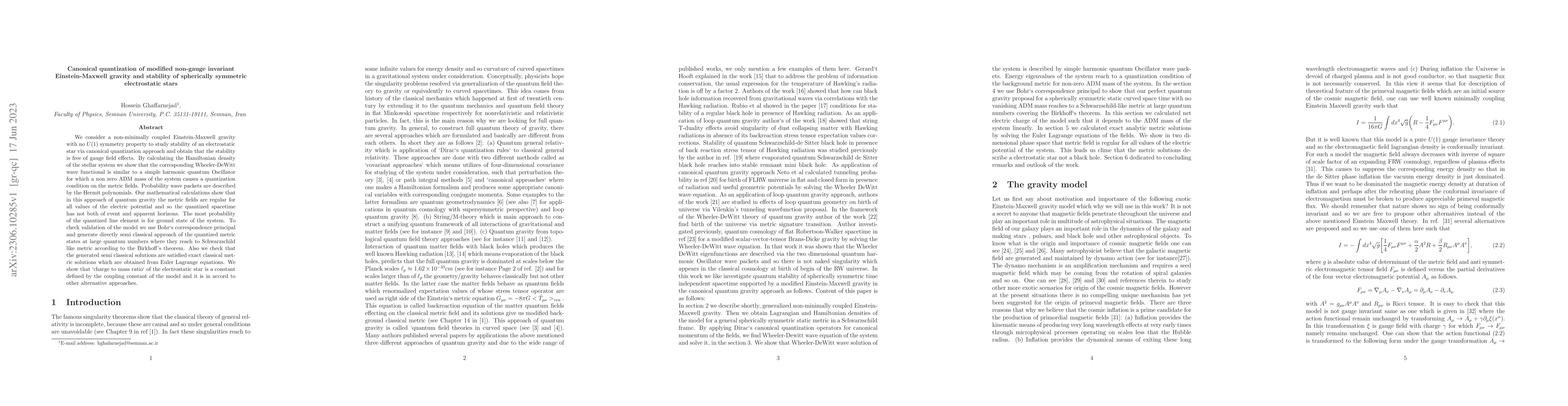 Thumbnail for Canonical quantization of modified non-gauge invariant Einstein-Maxwell
  gravity and stability of spherically symmetric electrostatic stars