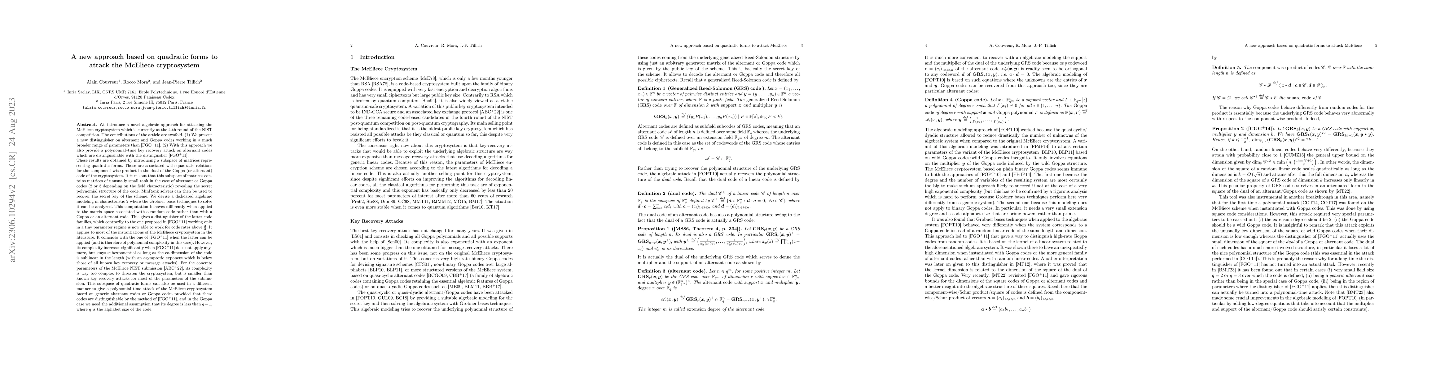 Thumbnail for A new approach based on quadratic forms to attack the McEliece
  cryptosystem